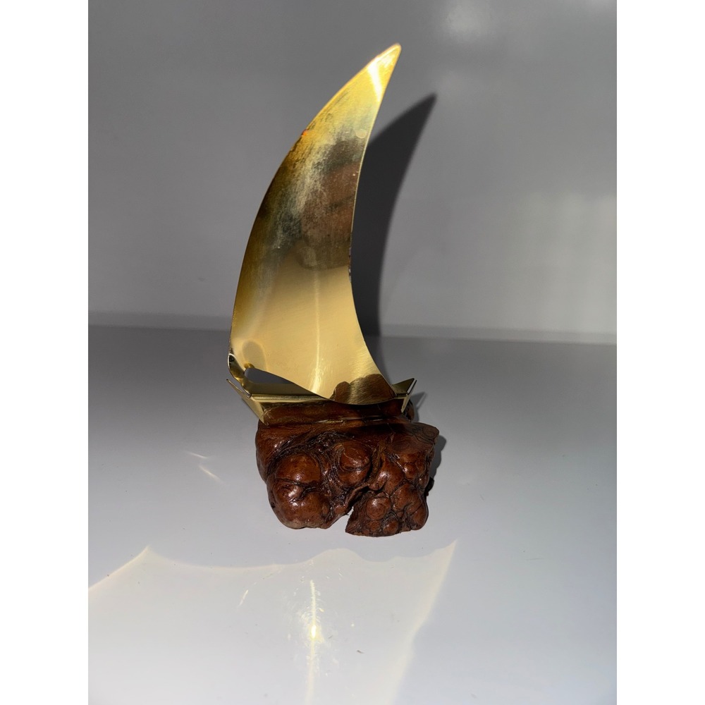 Vintage Yosi Signed Brass Sailboat Sculpture on Burl Wood Base Nautical Decor